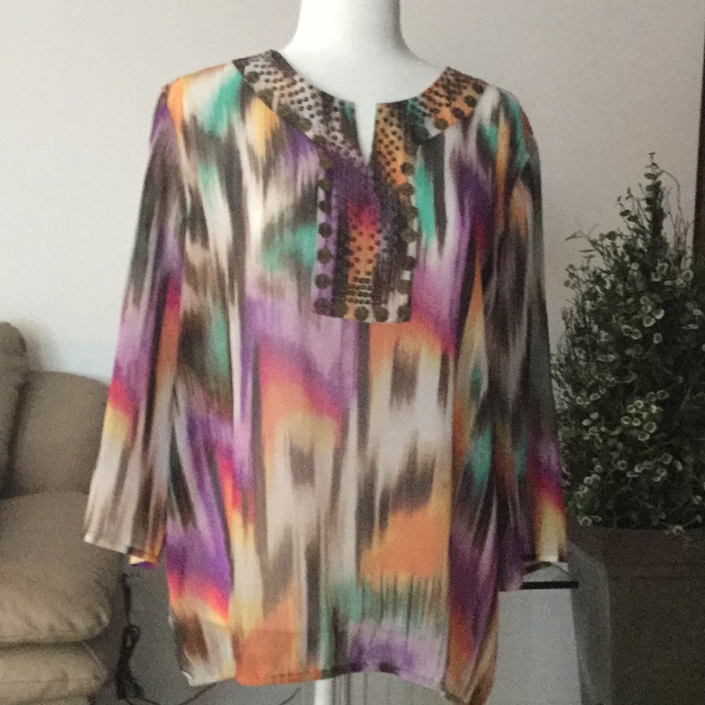 Semi-Sheer Multi-Color Blouse, Brass Beaded Trim.